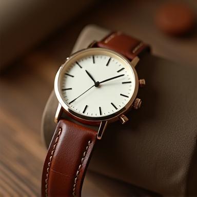 Watch with a brown leather strap and classic design elements updated with contemporary proportions.